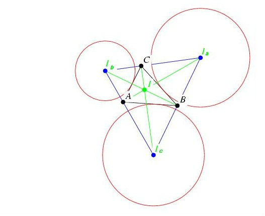 旁心是三角形的旁切圆(与三角形的一边和其他两边的延长线相切的圆)的