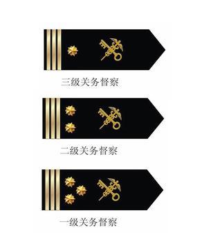 关务督察关衔标志为三道横杠和一枚海关关徽, 一级关务督察关衔关衔