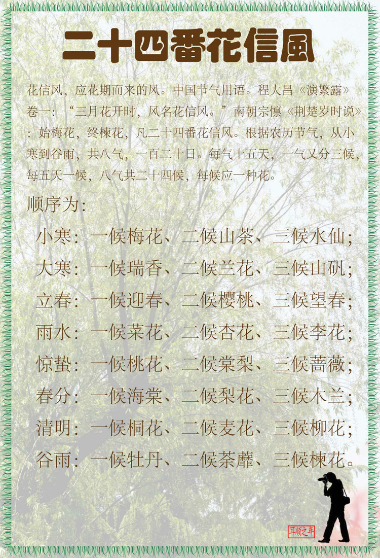 文学相关)人们把花开时吹过的风叫做"花信风",意即带有开花音讯的风候