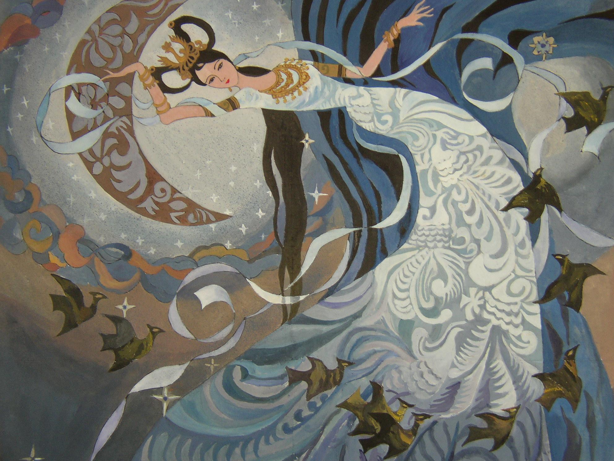 相传是太阳神炎帝的小女儿,她快乐地与姐姐瑶姬和父亲在一起幸福地